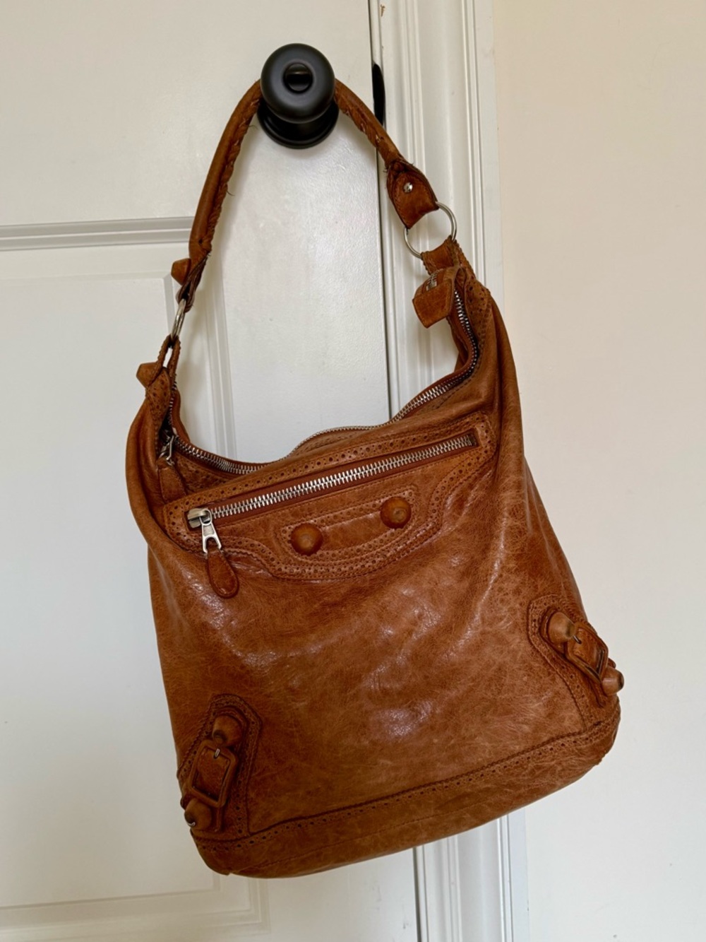 Balenciaga Vintage Motocross Brogue Day Hobo Bag, Brown Leather, FLAWS